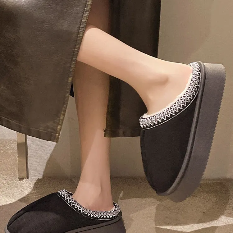Women's suede cotton bag heel slippers in beige, warm indoor footwear for autumn winter with PVC sole