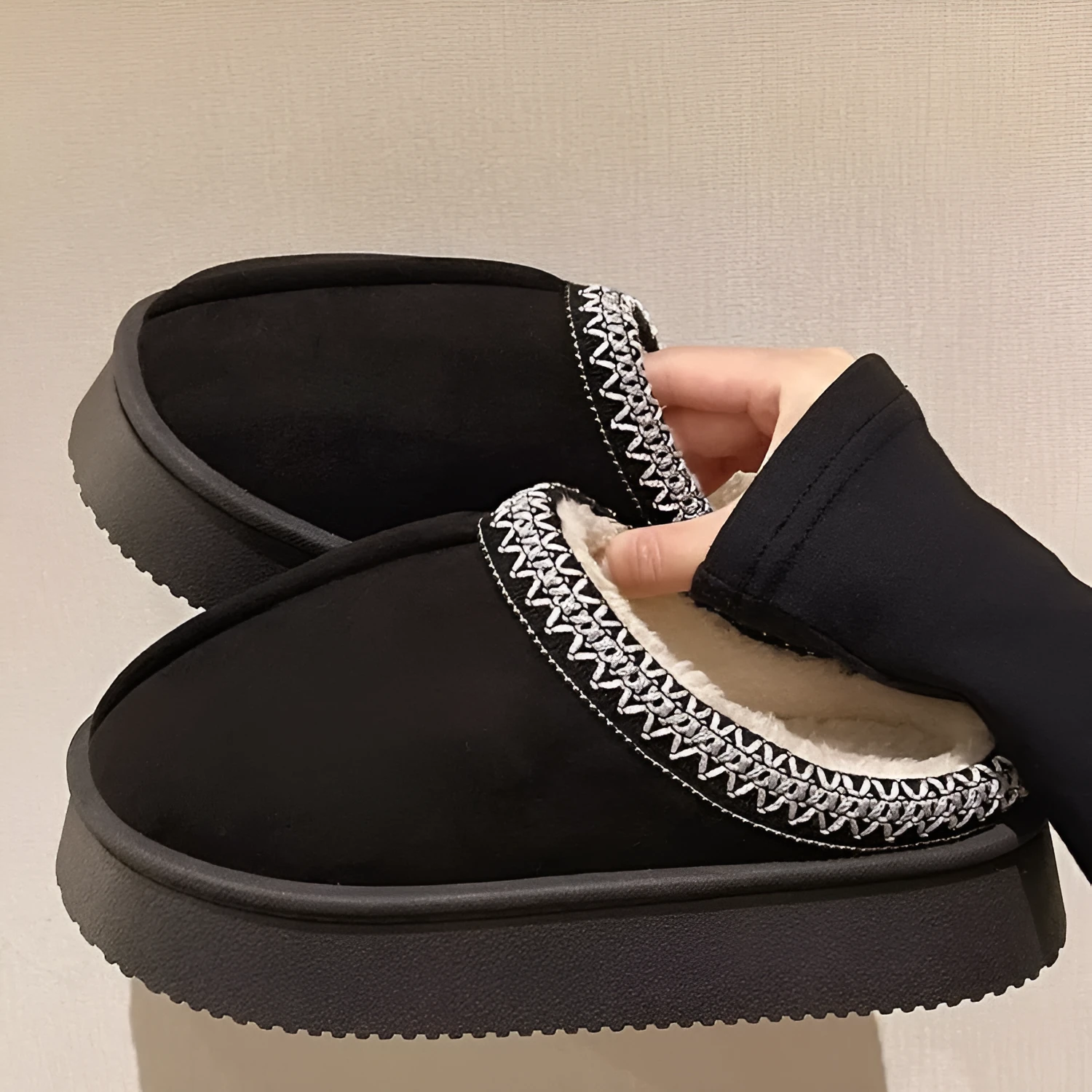 Women's suede cotton bag heel slippers in beige, warm indoor footwear for autumn winter with PVC sole
