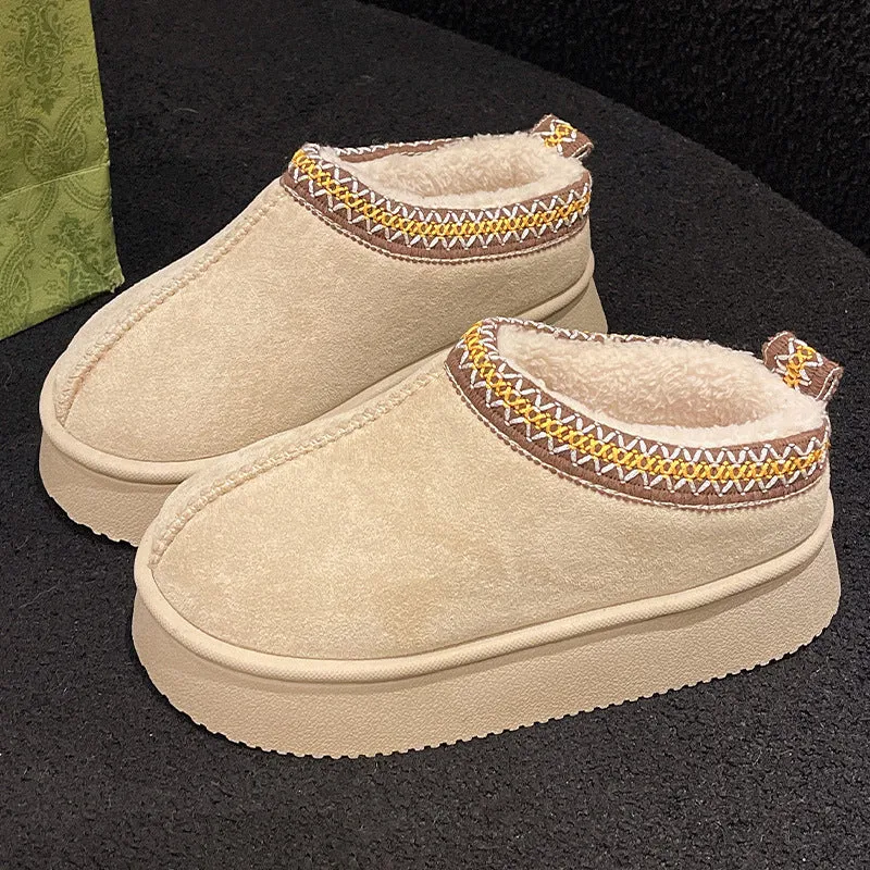 Women's suede cotton bag heel slippers in beige, warm indoor footwear for autumn winter with PVC sole