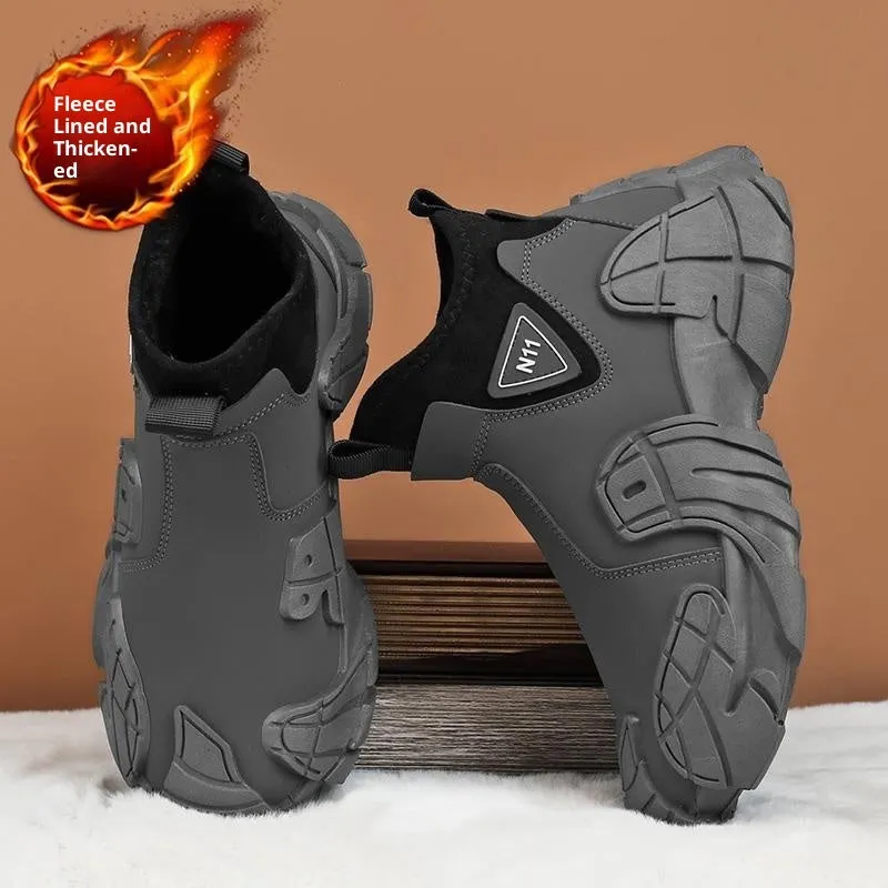 High-top fleece fur-lined slip-on lazy shoes in black with wedge heel and round toe on white background