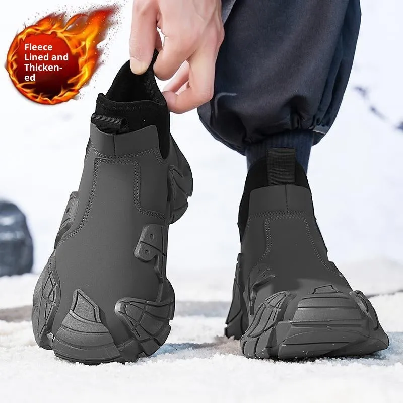 High-top fleece fur-lined slip-on lazy shoes in black with wedge heel and round toe on white background