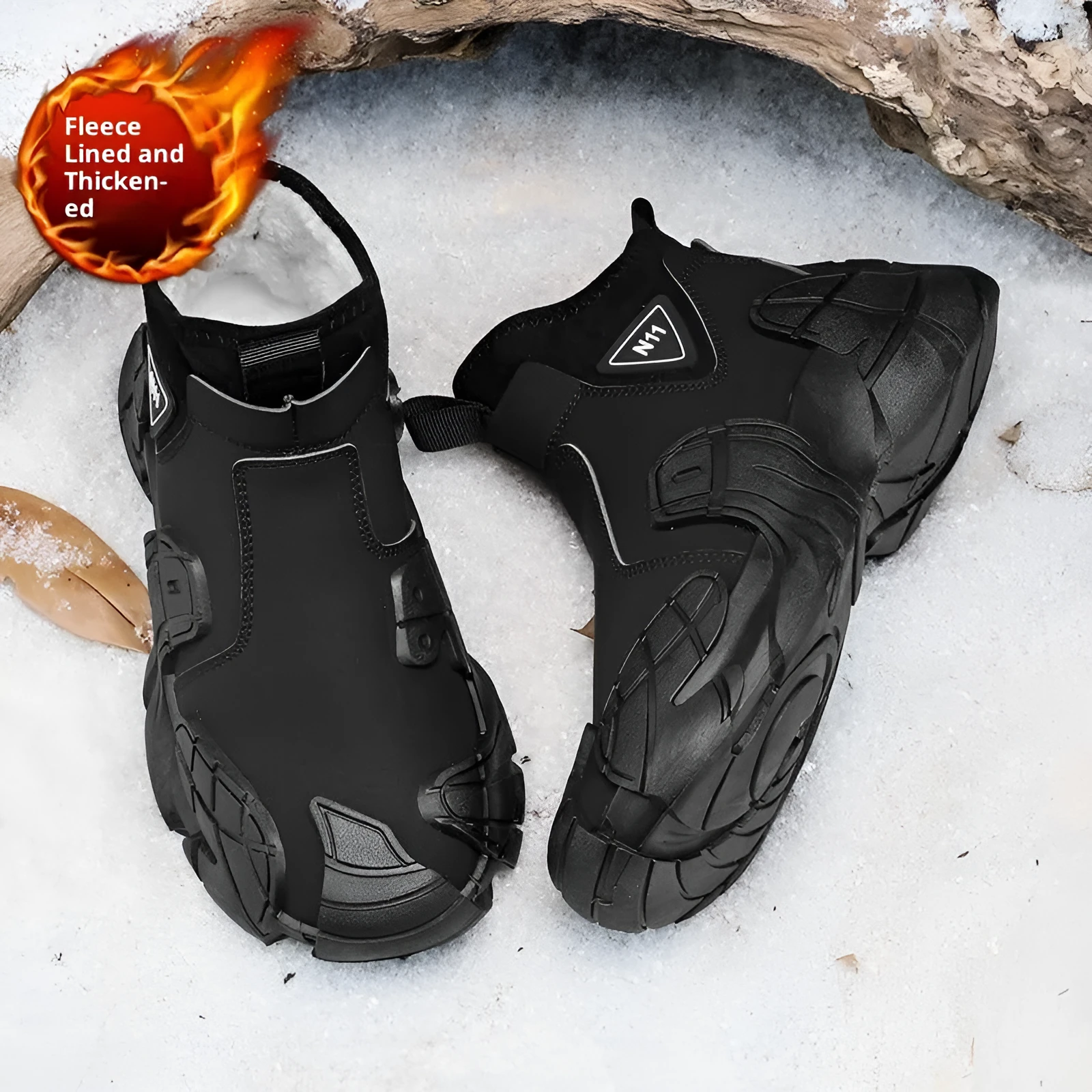 High-top fleece fur-lined slip-on lazy shoes in black with wedge heel and round toe on white background
