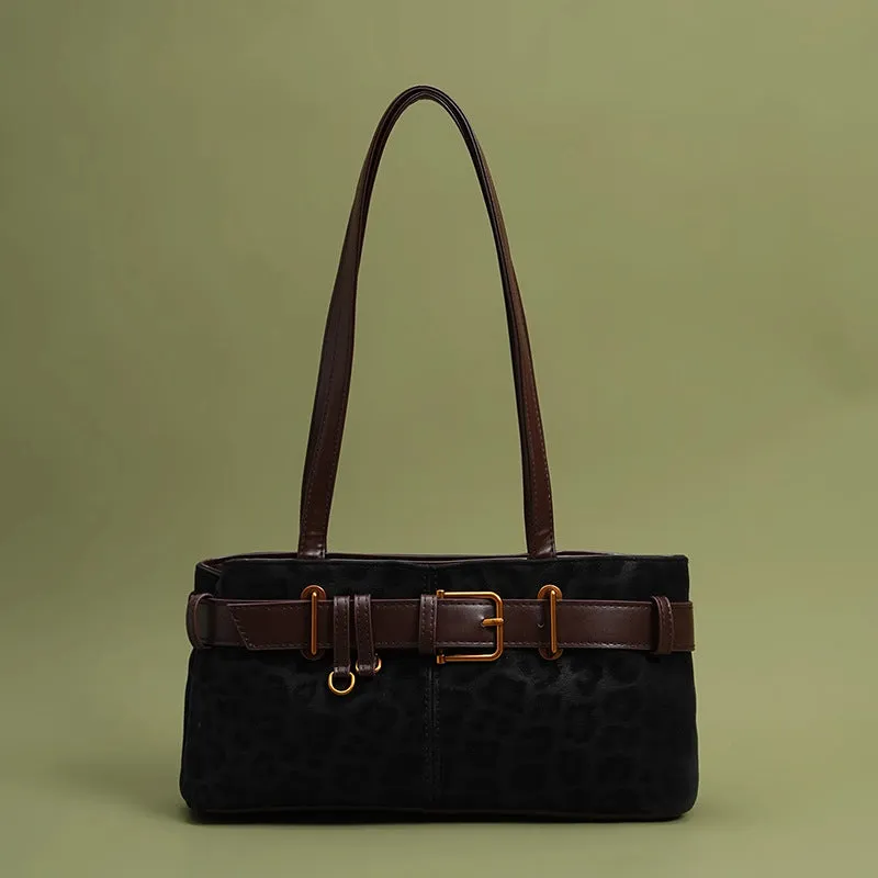 Retro leopard print PU shoulder bag in brown, compact horizontal square shape with double straps, 30x15x10cm.