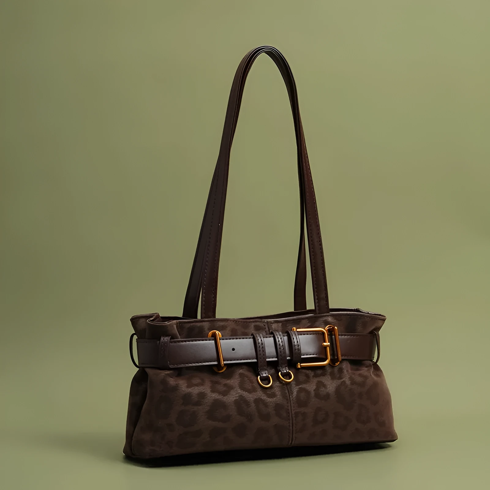 Retro leopard print PU shoulder bag in brown, compact horizontal square shape with double straps, 30x15x10cm.