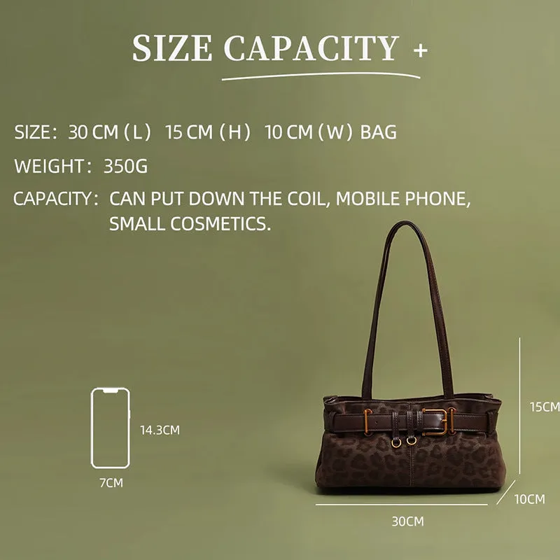 Retro leopard print PU shoulder bag in brown, compact horizontal square shape with double straps, 30x15x10cm.