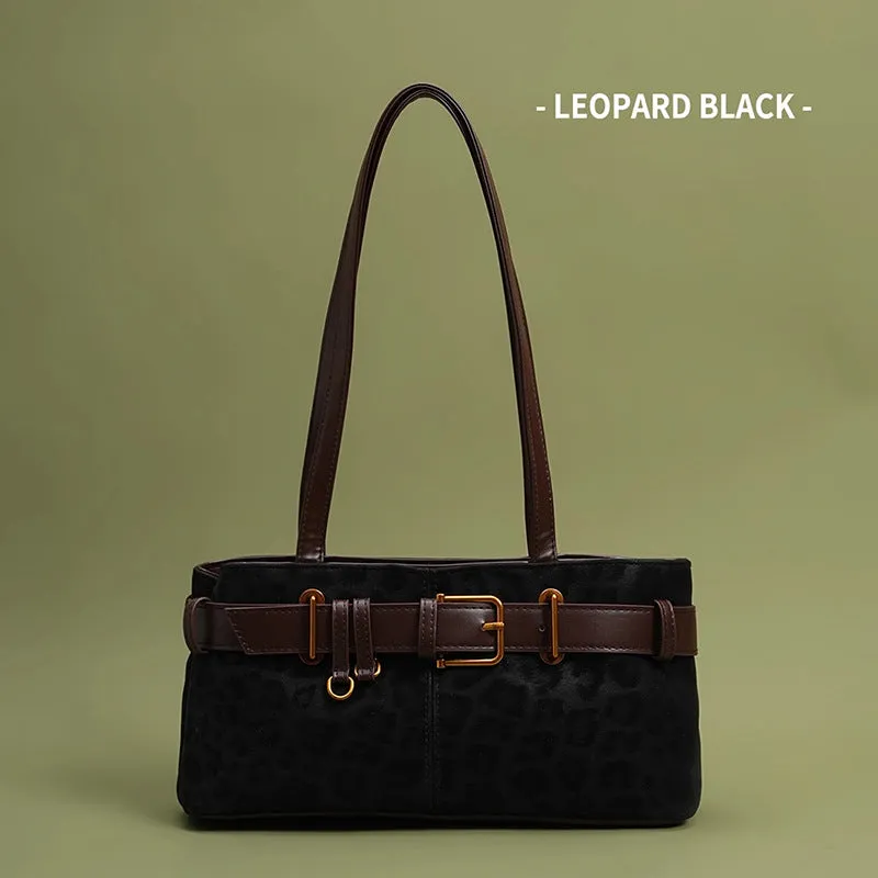 Retro leopard print PU shoulder bag in brown, compact horizontal square shape with double straps, 30x15x10cm.