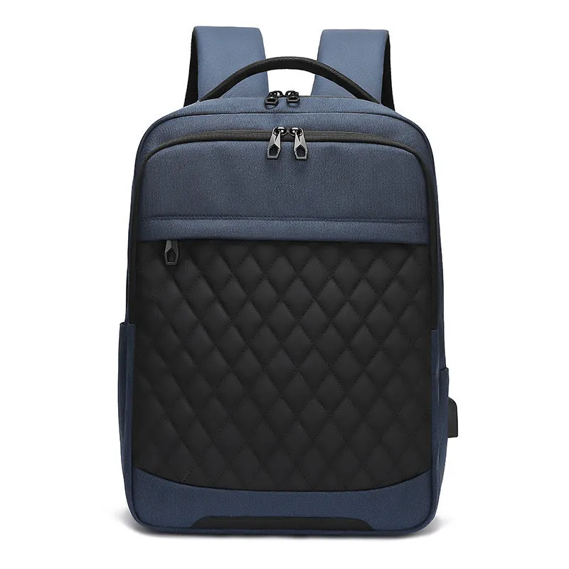Men's solid colour Oxford cloth travel backpack with curved shoulder strap shown in black, blue, and grey.