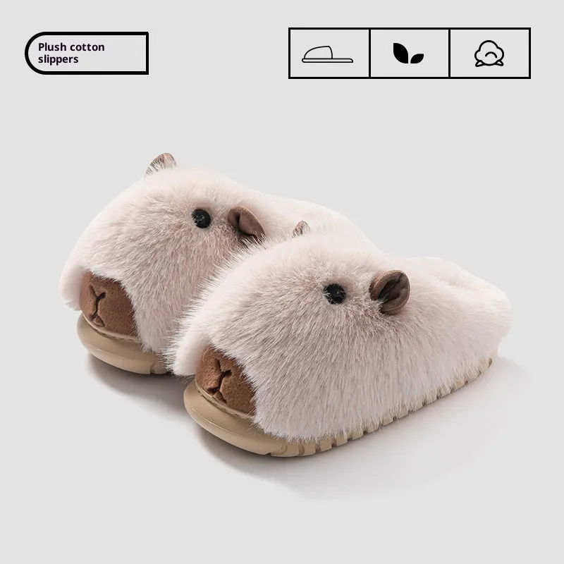 Women's cartoon plush slippers with shearling lining, closed-toe design, available in dark brown, light brown, and white, sizes 36-41