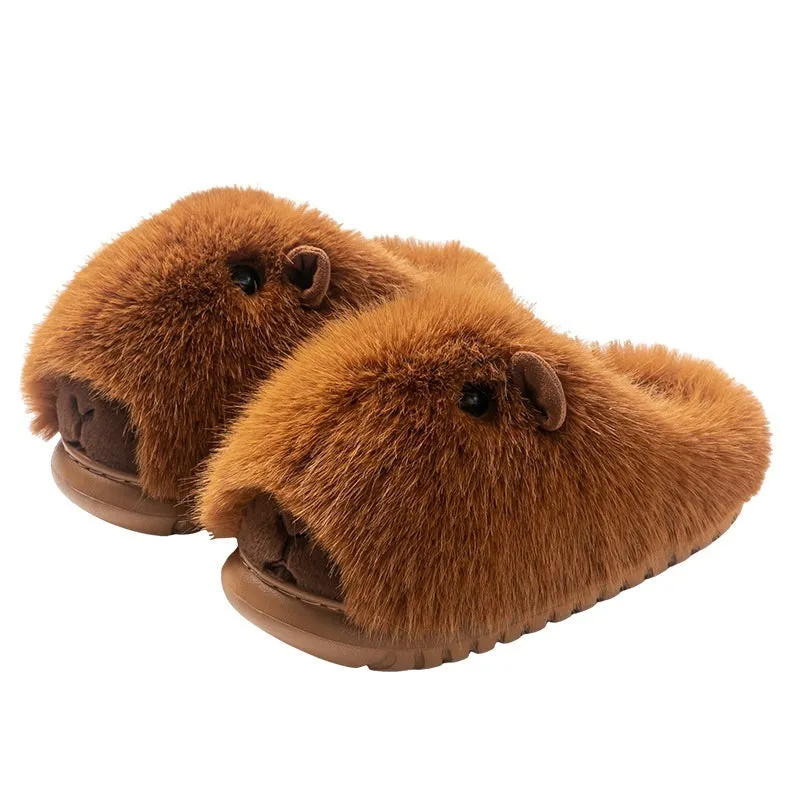 Women's cartoon plush slippers with shearling lining, closed-toe design, available in dark brown, light brown, and white, sizes 36-41