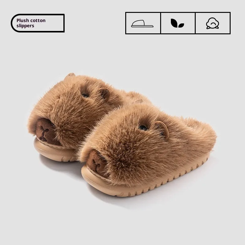 Women's cartoon plush slippers with shearling lining, closed-toe design, available in dark brown, light brown, and white, sizes 36-41