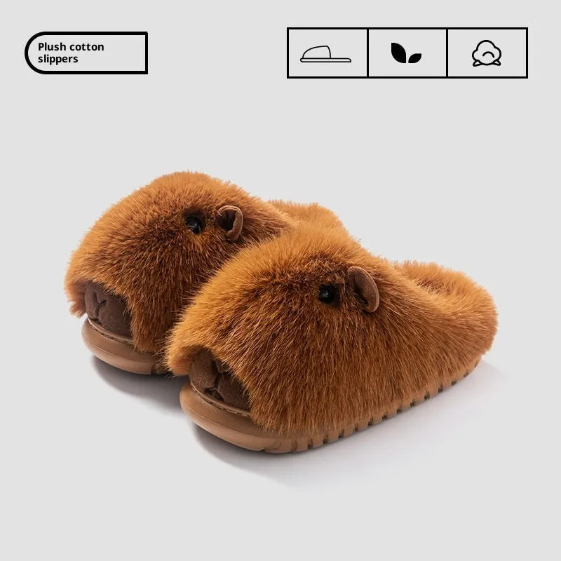 Women's cartoon plush slippers with shearling lining, closed-toe design, available in dark brown, light brown, and white, sizes 36-41