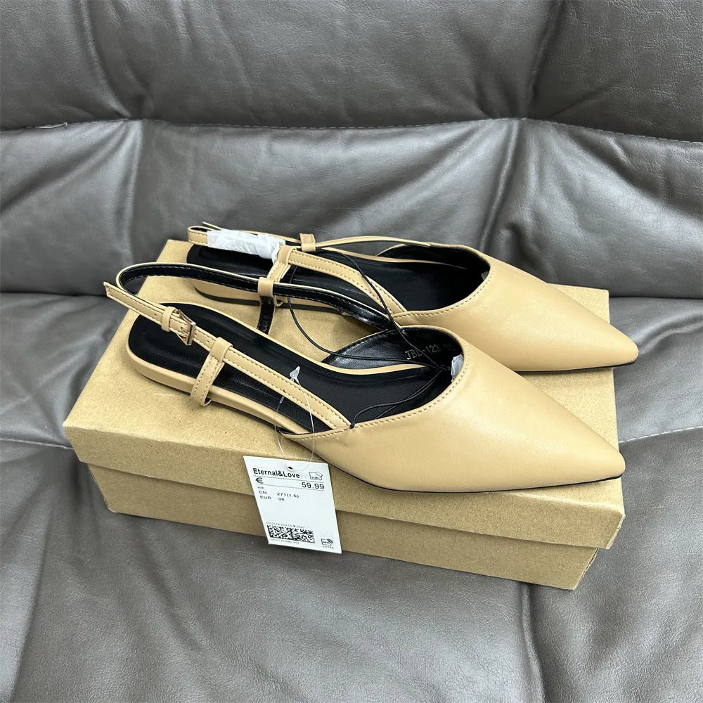 Flat pointed toe women's sandals with buckle closure, low heel, microfiber upper, available in multiple colours
