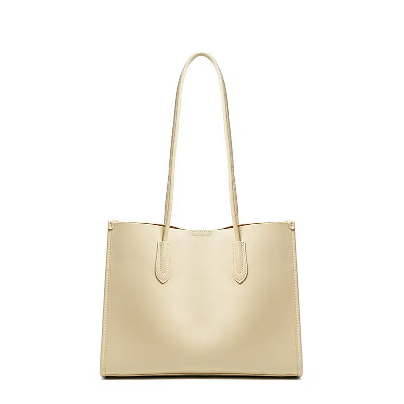Women's new commuter large capacity genuine leather tote bag in golden brown with double straps and horizontal square shape