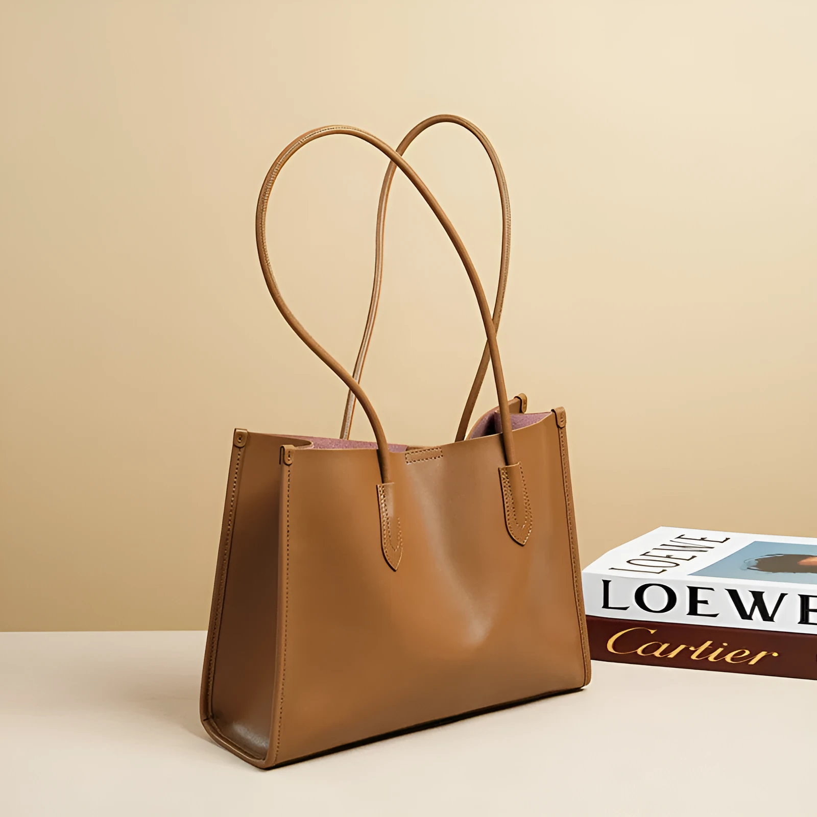 Women's new commuter large capacity genuine leather tote bag in golden brown with double straps and horizontal square shape