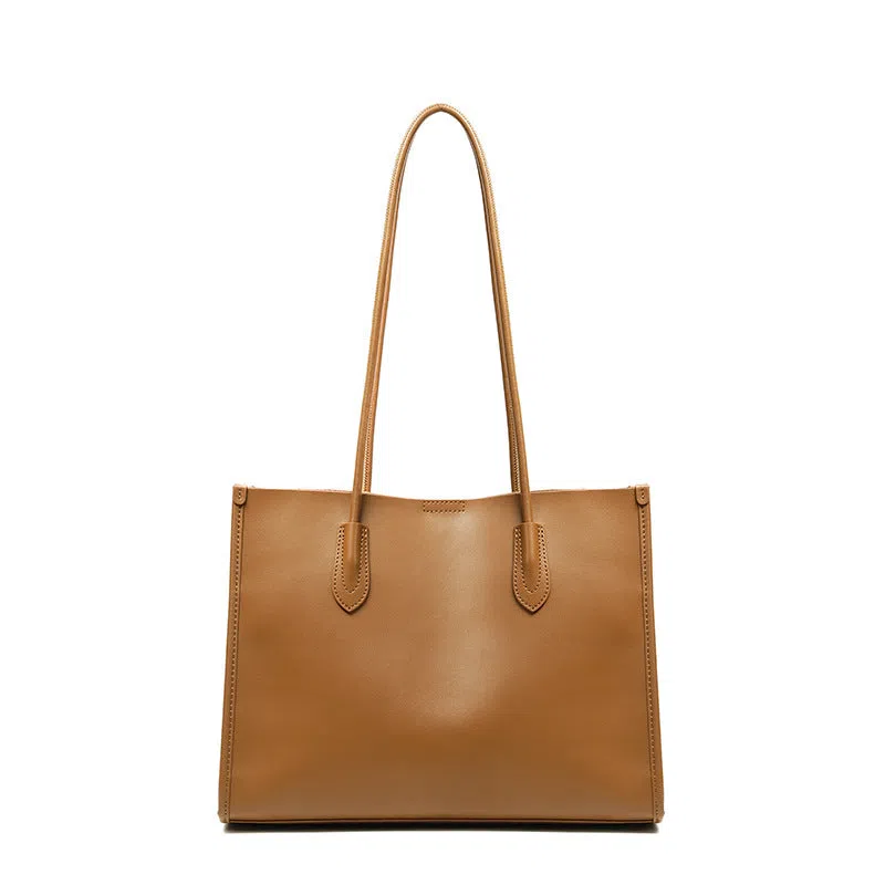Women's new commuter large capacity genuine leather tote bag in golden brown with double straps and horizontal square shape