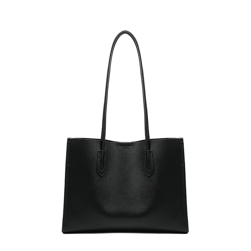 Women's new commuter large capacity genuine leather tote bag in golden brown with double straps and horizontal square shape
