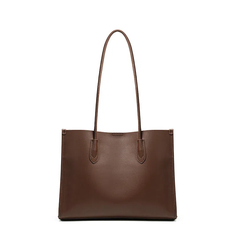 Women's new commuter large capacity genuine leather tote bag in golden brown with double straps and horizontal square shape