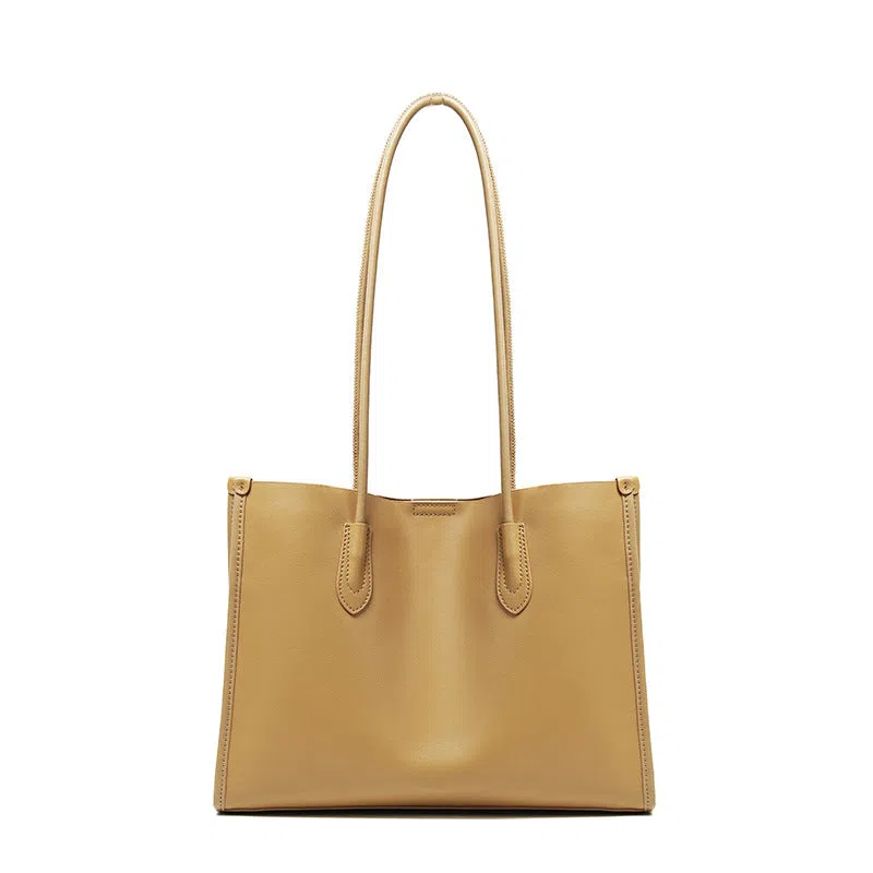 Women's new commuter large capacity genuine leather tote bag in golden brown with double straps and horizontal square shape