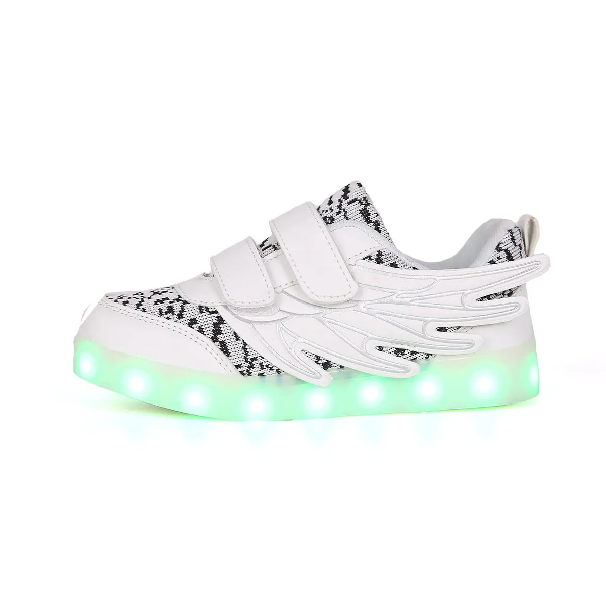 Children's plum red and white LED light-up sneakers showing USB charging port and colourful illumination.