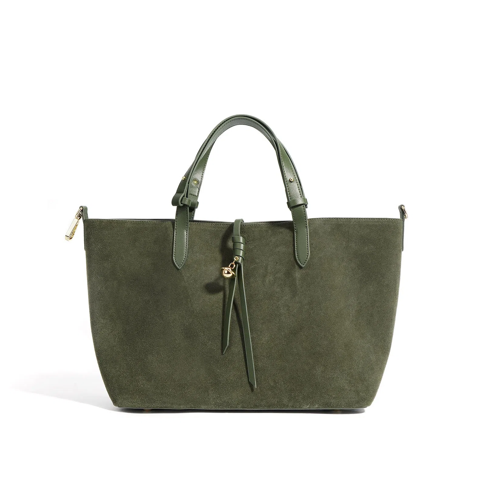 Autumn and winter Maillard-style retro tote bag in olive green with bucket shape, cotton lining, and document pocket