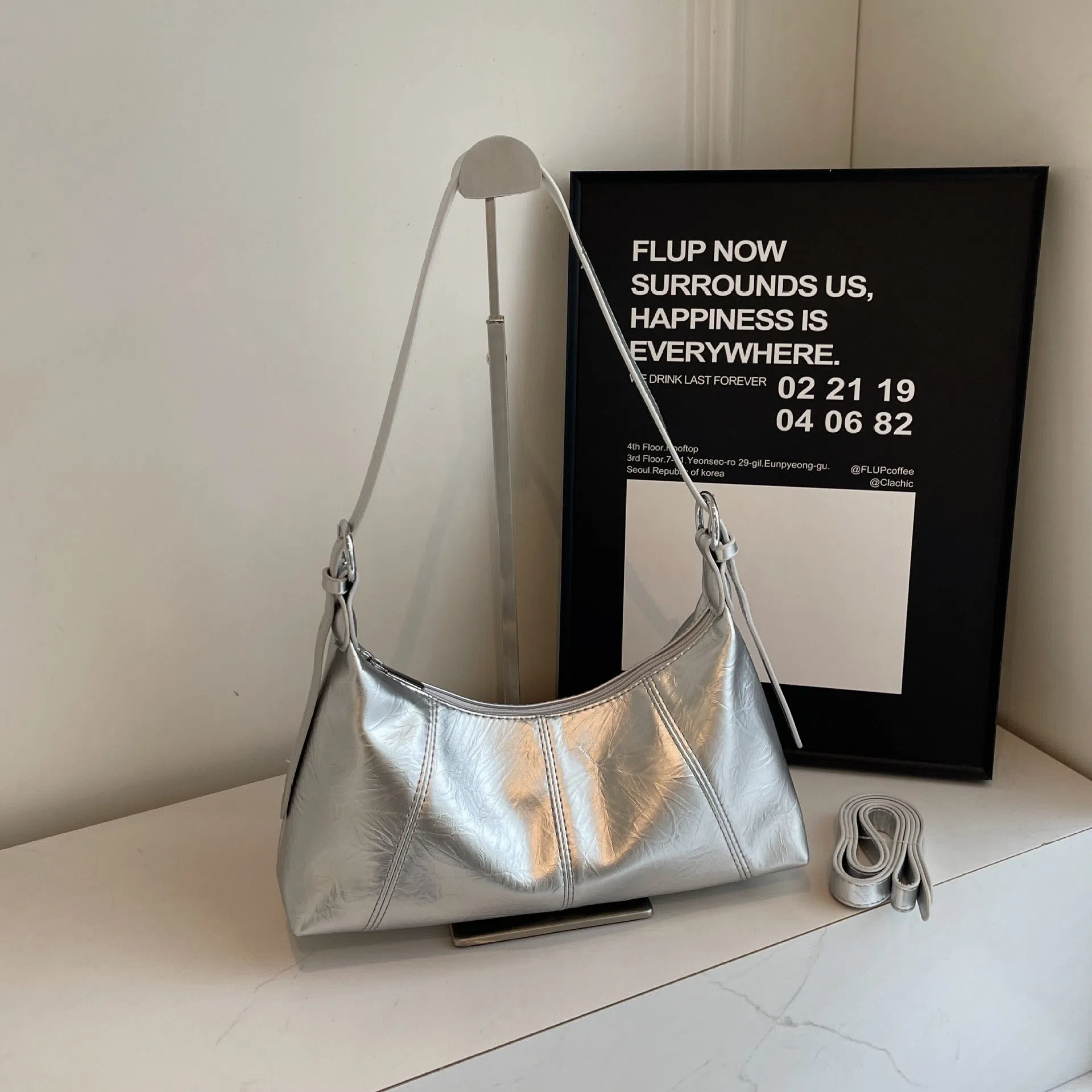 New women's crossbody bag in beige, soft PU material with stitching detail and double shoulder straps