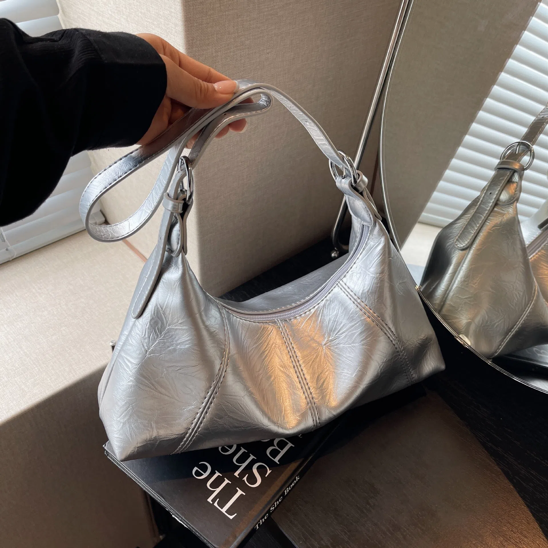 New women's crossbody bag in beige, soft PU material with stitching detail and double shoulder straps