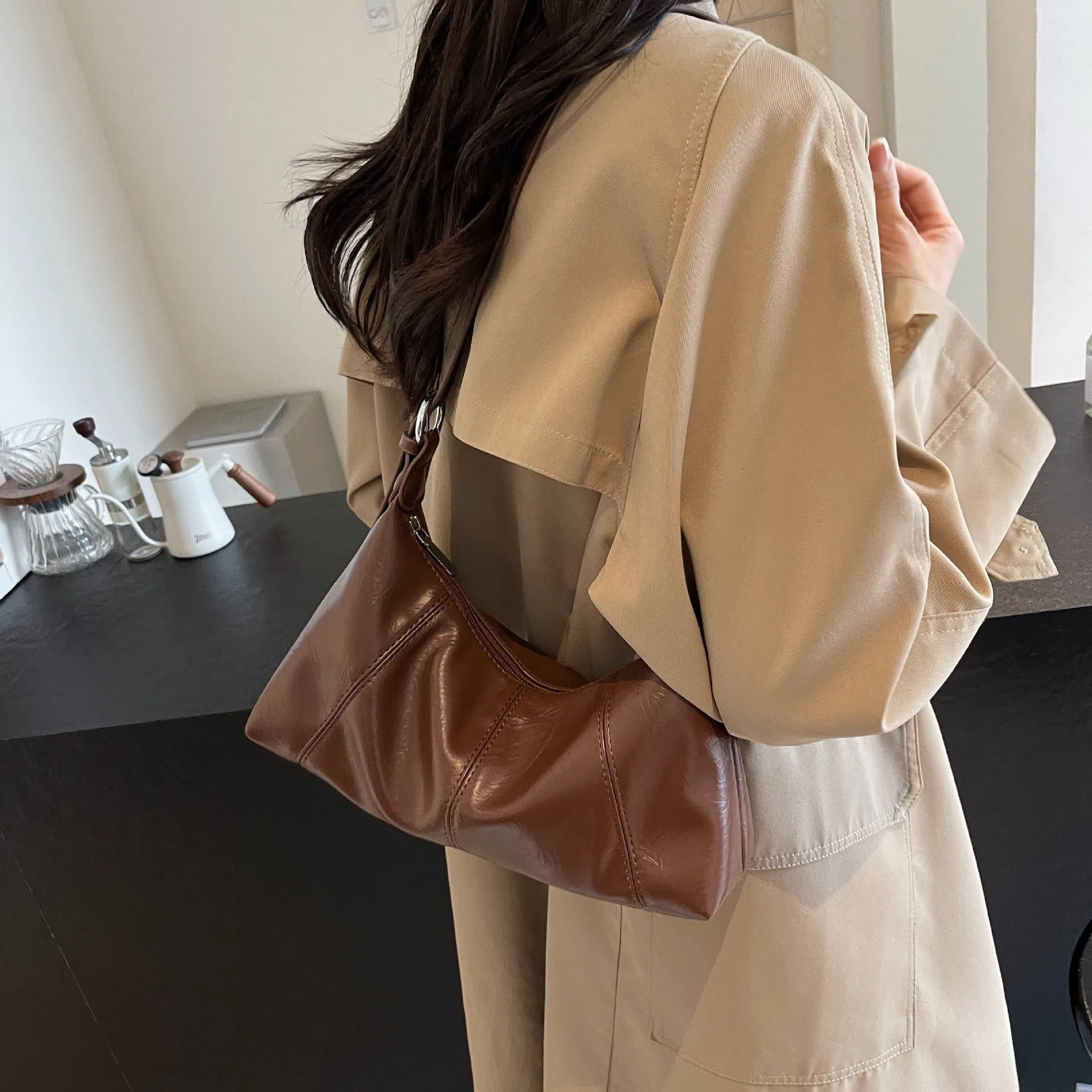 New women's crossbody bag in beige, soft PU material with stitching detail and double shoulder straps
