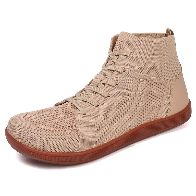 Anti-slip wide-toe barefoot casual fitness yoga shoes in black with breathable fly knitting and leather upper, mid-top design, low heel 1-3cm