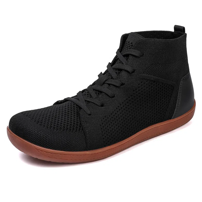 Anti-slip wide-toe barefoot casual fitness yoga shoes in black with breathable fly knitting and leather upper, mid-top design, low heel 1-3cm