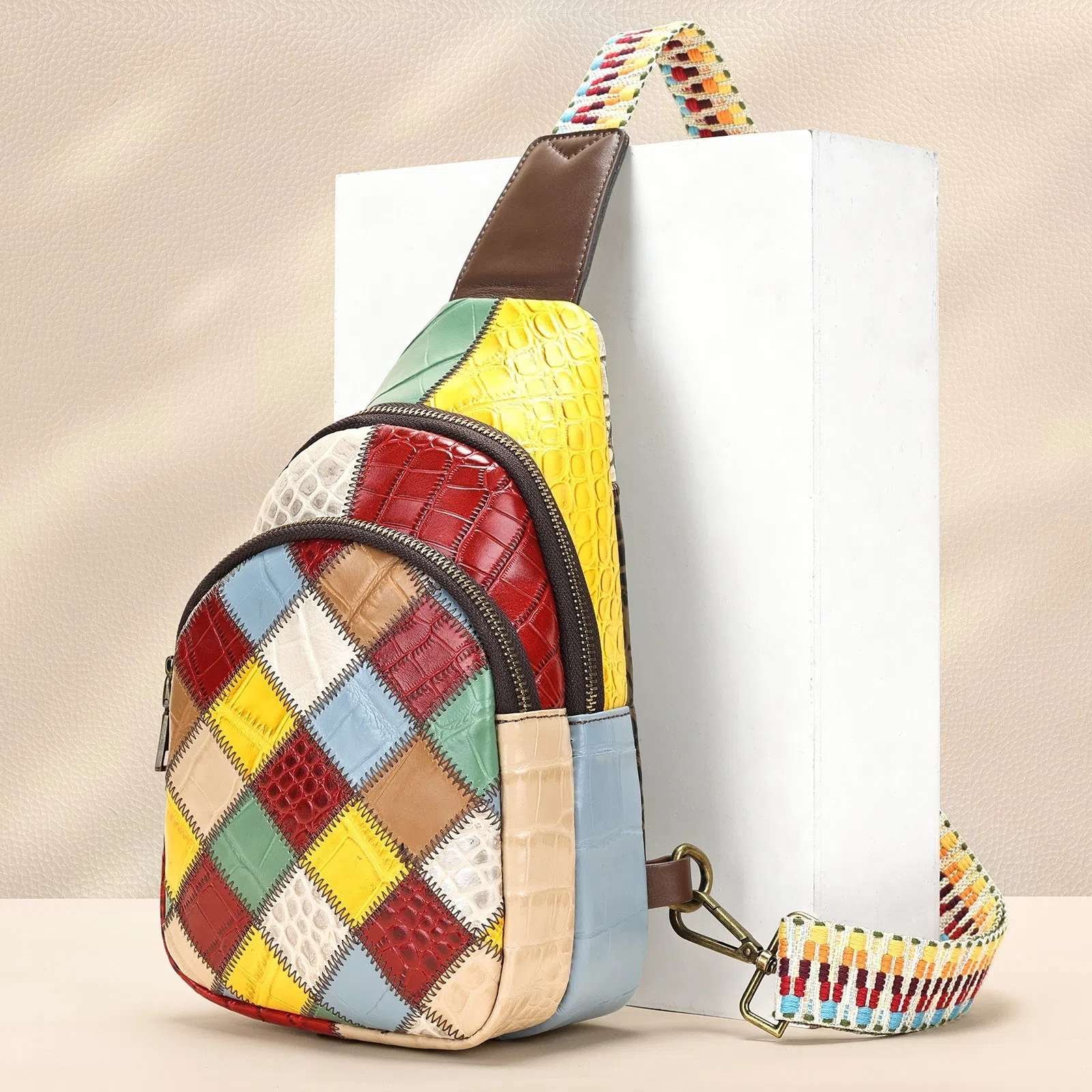 Genuine leather bohemian chest bag 17x10x27cm colour-blocked semicircle square street fashion