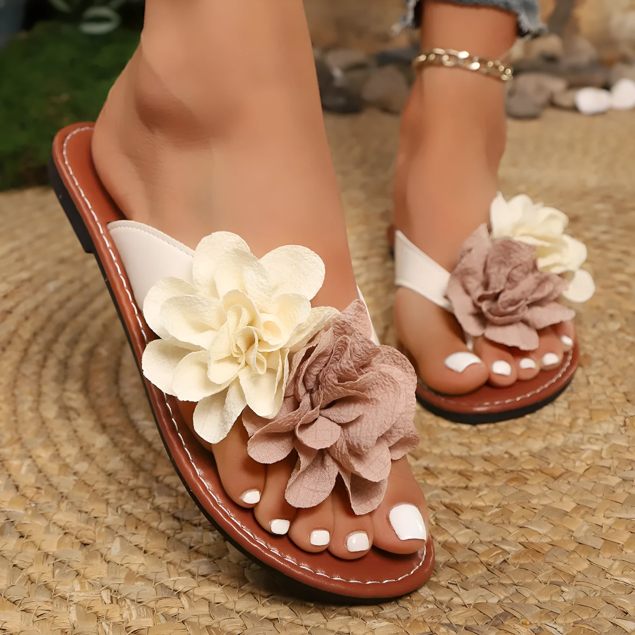 Beige women's flip flop sandals with adjustable strap and two-way flower design on PU upper