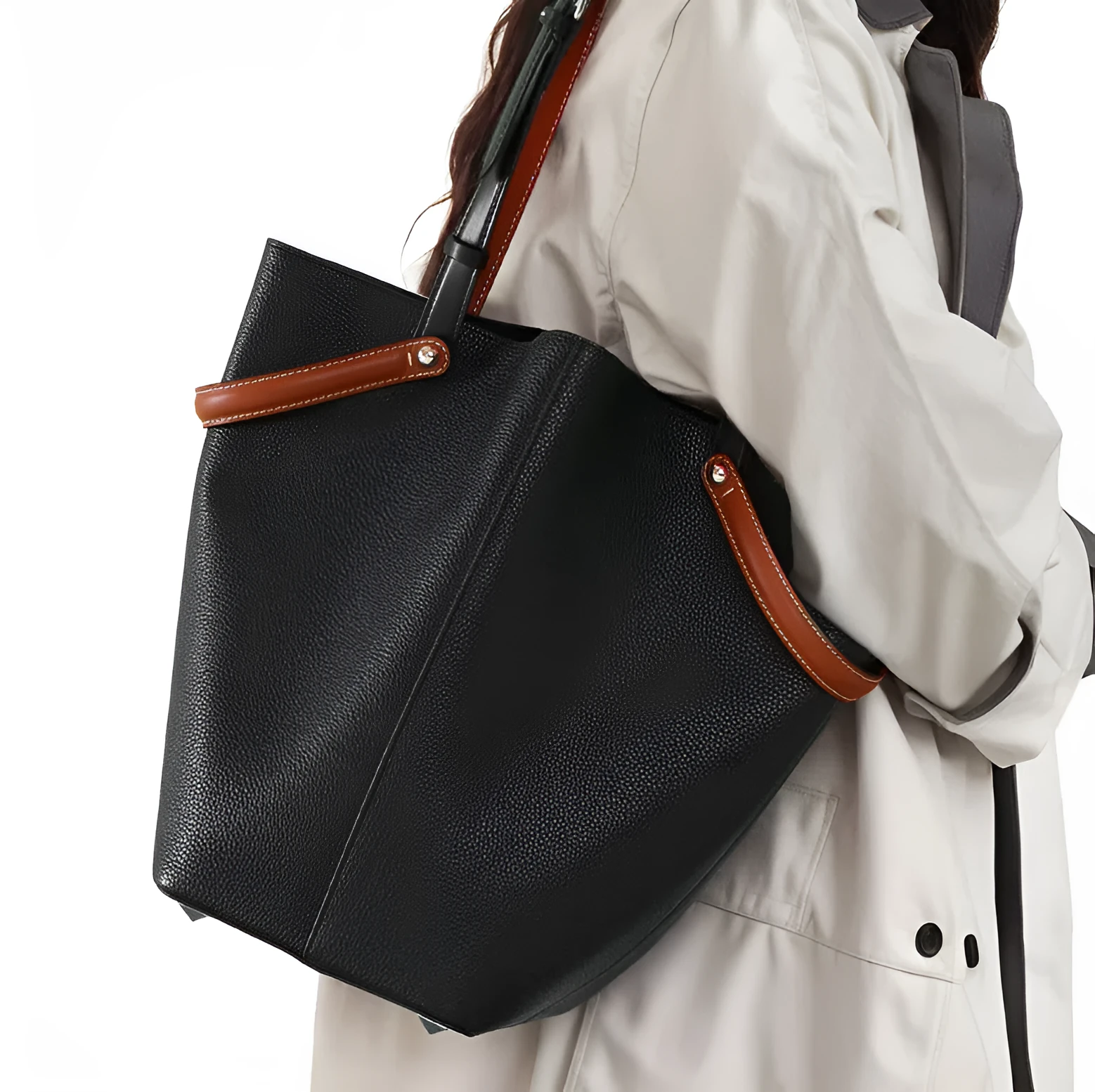 Genuine leather women's tote bag vertical square shape with stitching detail and single shoulder strap in black