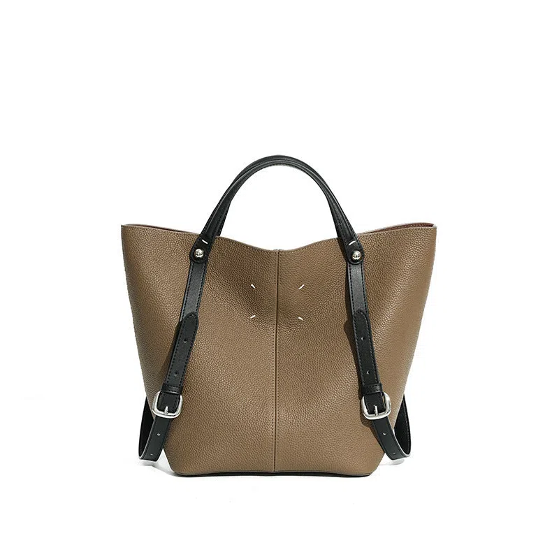 Genuine leather women's tote bag vertical square shape with stitching detail and single shoulder strap in black
