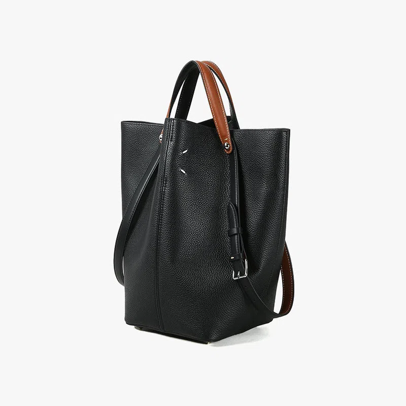 Genuine leather women's tote bag vertical square shape with stitching detail and single shoulder strap in black