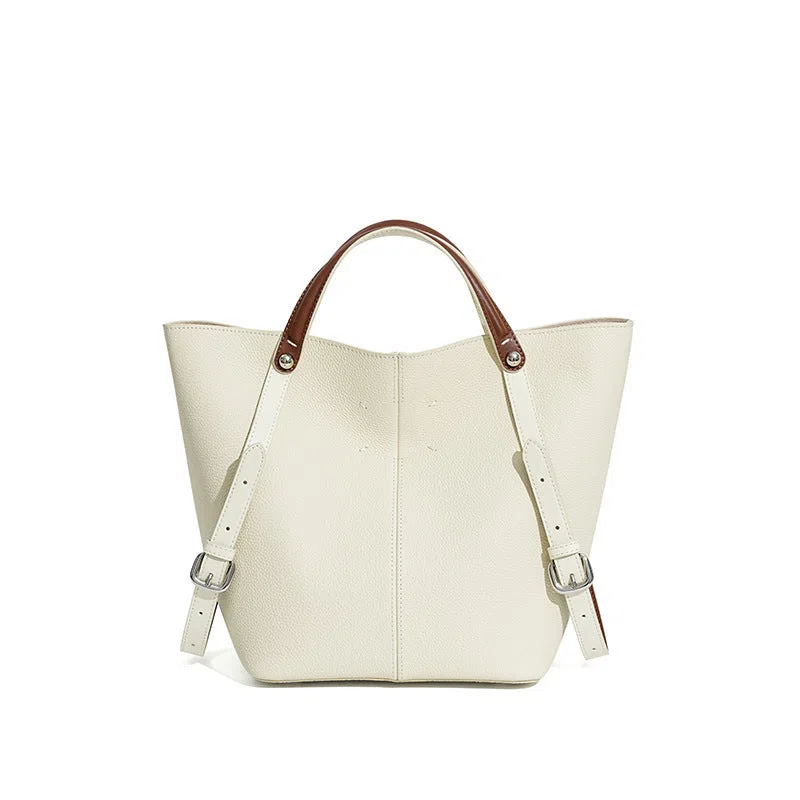 Genuine leather women's tote bag vertical square shape with stitching detail and single shoulder strap in black