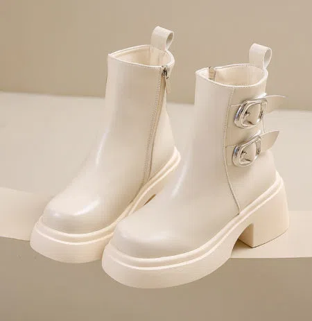 Women's ankle boots with metal buckle, block heel, round toe, side zipper, solid colour design