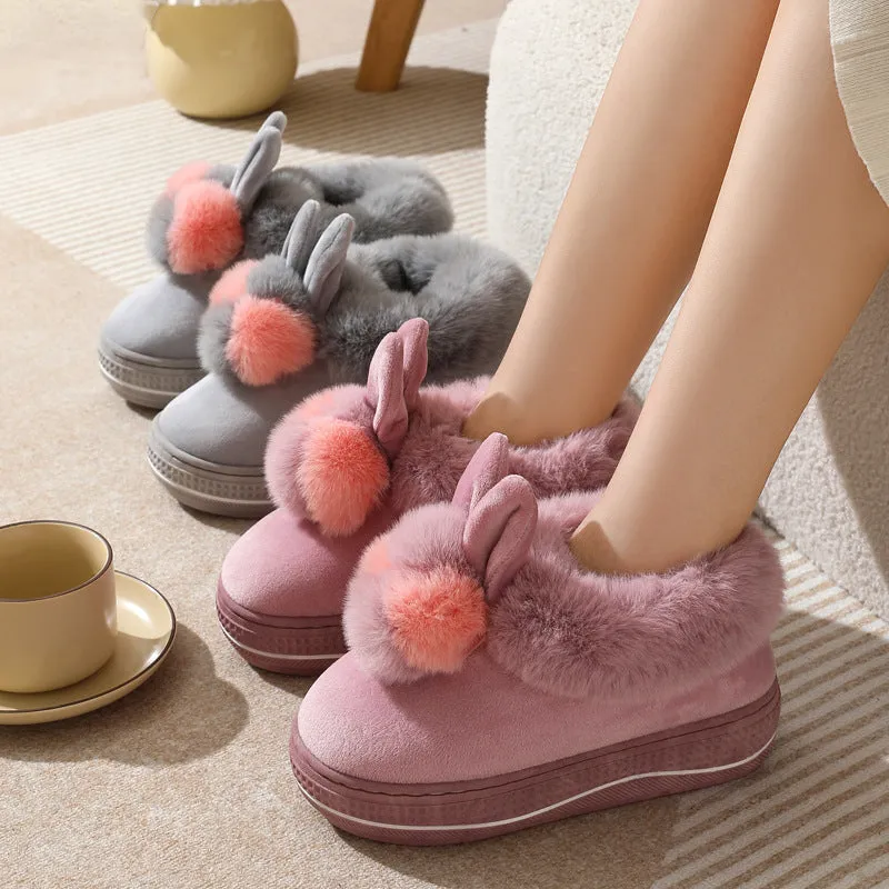 Women's high heel slippers in grey plush cotton with a thick TPR sole, shown as an oversleeve design.