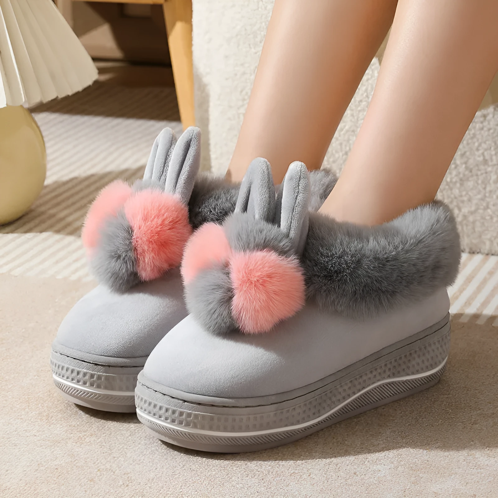 Women's high heel slippers in grey plush cotton with a thick TPR sole, shown as an oversleeve design.