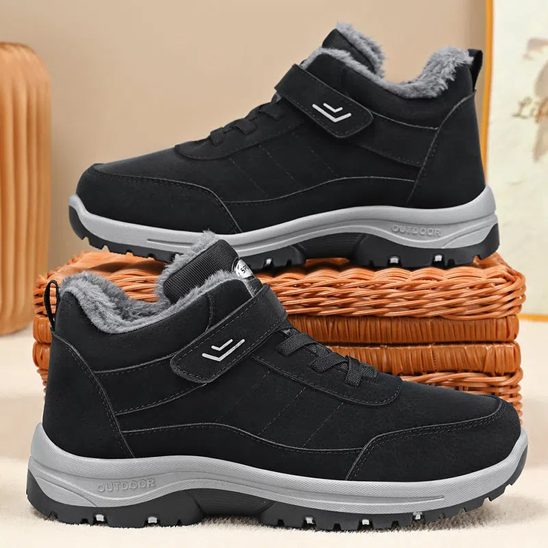 High-top outdoor snow boots with thick PVC sole, artificial PU upper, and stitching details, available in multiple colours