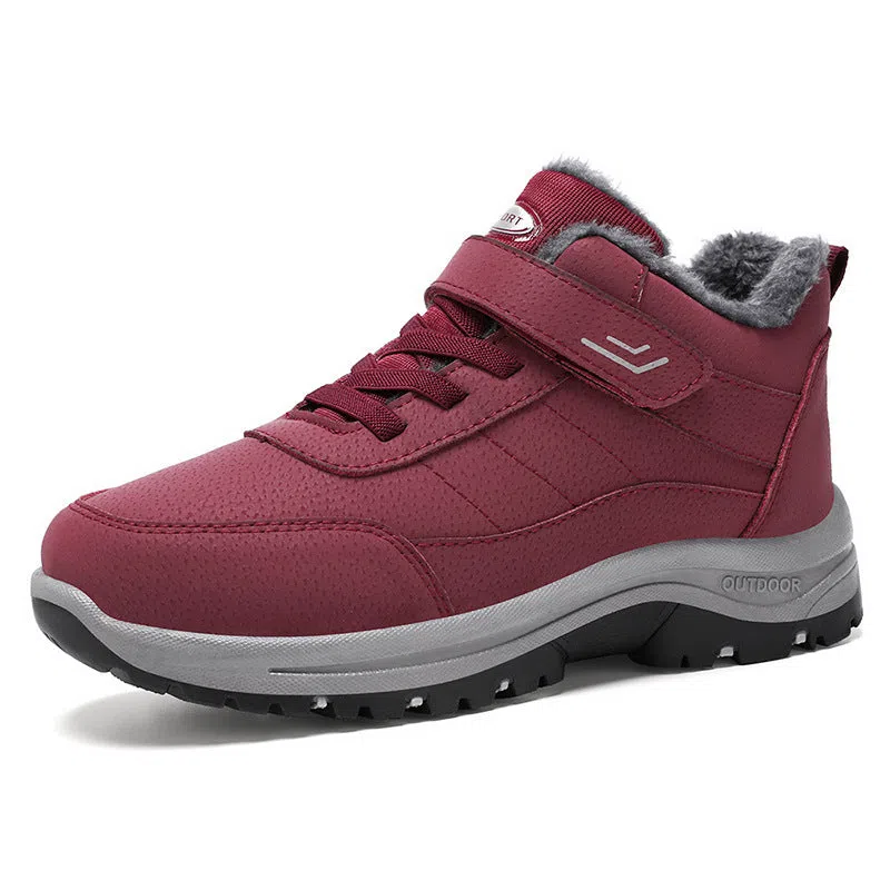 High-top outdoor snow boots with thick PVC sole, artificial PU upper, and stitching details, available in multiple colours