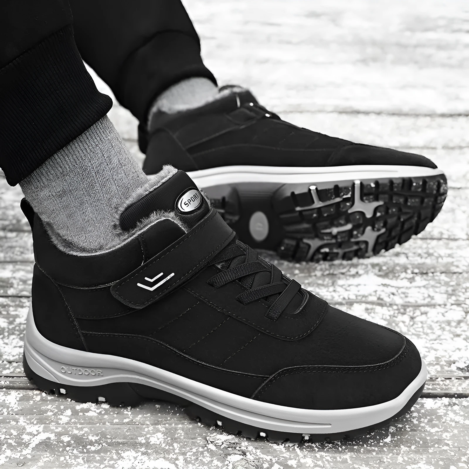 High-top outdoor snow boots with thick PVC sole, artificial PU upper, and stitching details, available in multiple colours