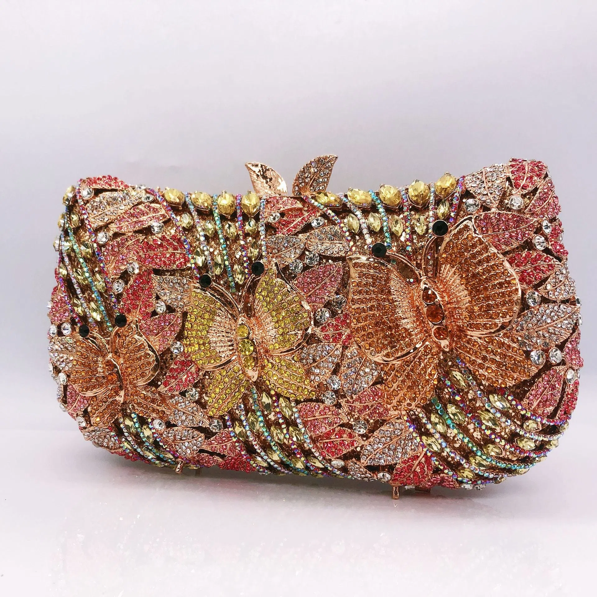 New fashion banquet dress gem handbag with diamond inlaid butterfly flower design in gold colour