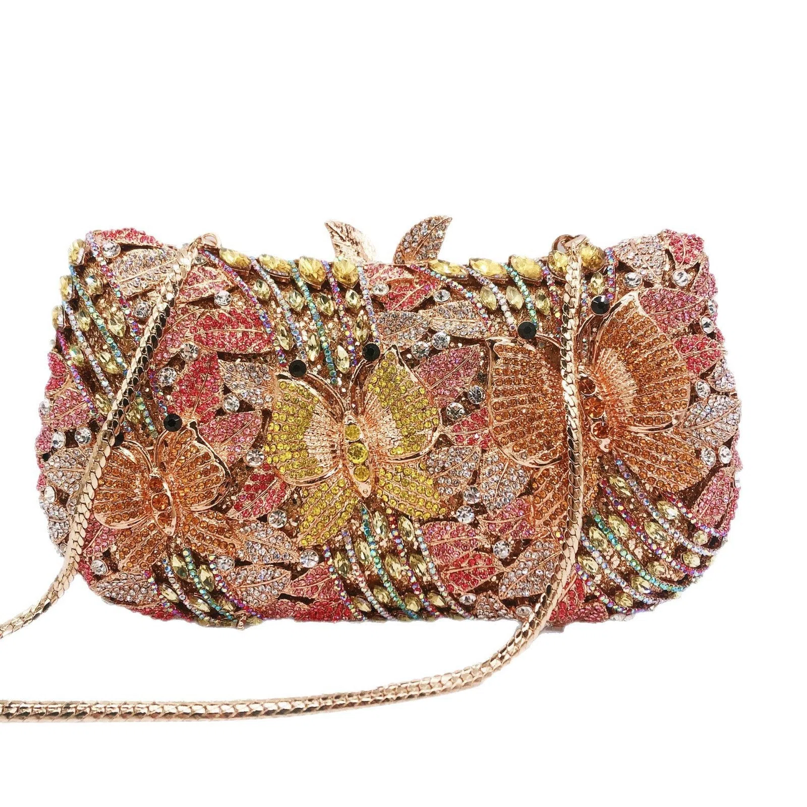 New fashion banquet dress gem handbag with diamond inlaid butterfly flower design in gold colour