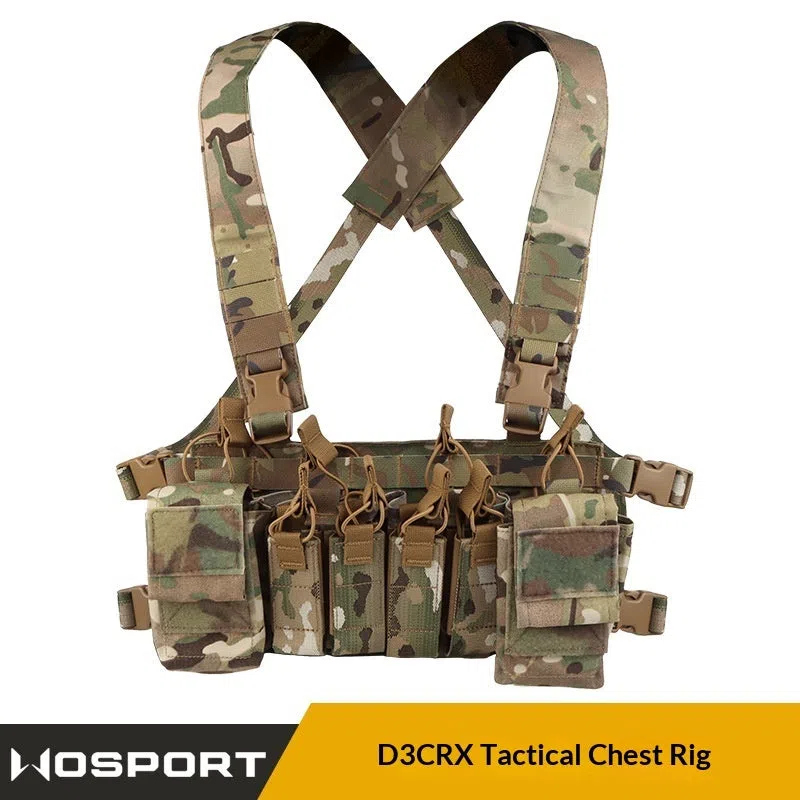 Camouflage nylon expandable chest harness with accessory storage pouch for shooting sports