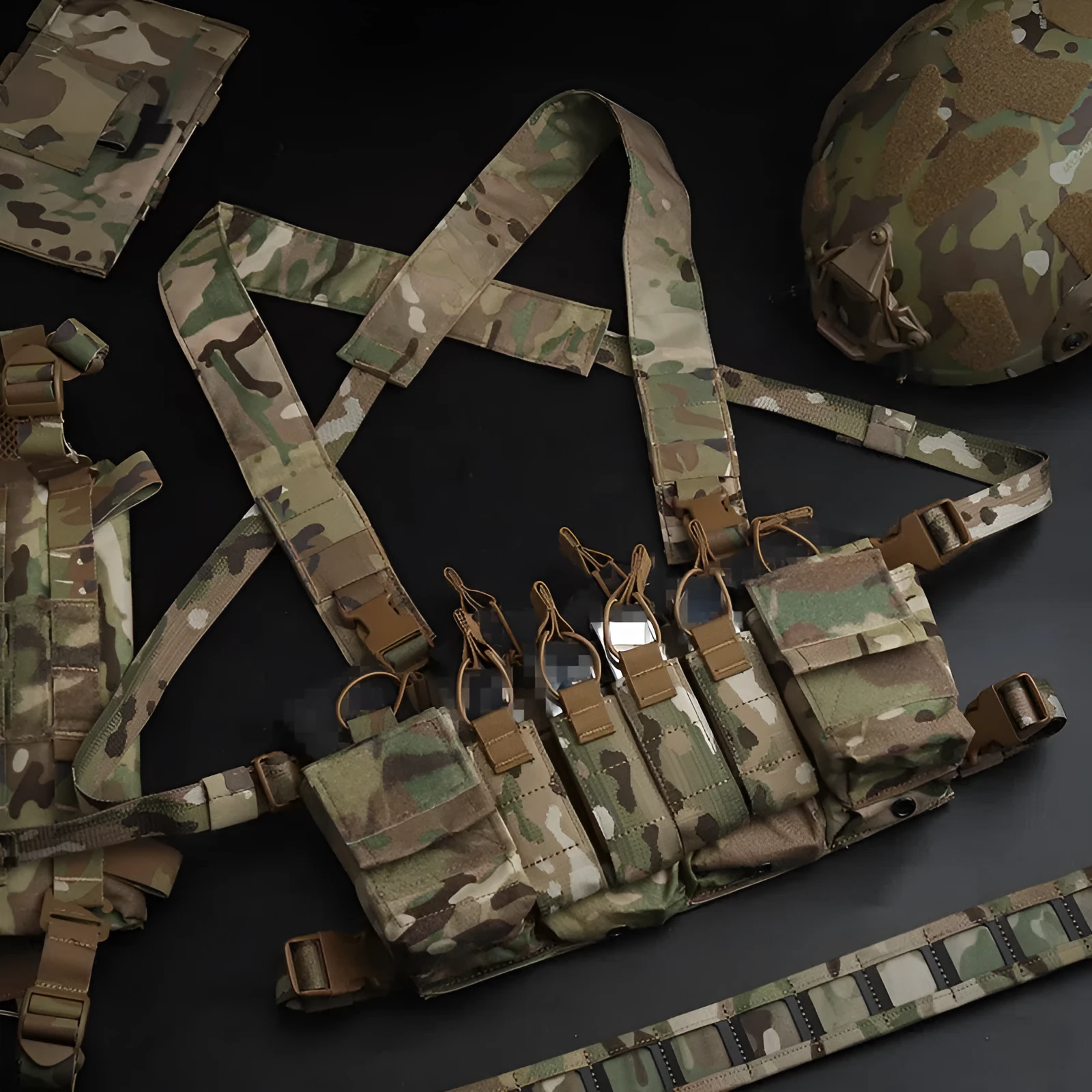 Camouflage nylon expandable chest harness with accessory storage pouch for shooting sports