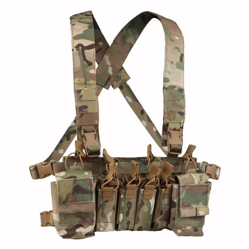 Camouflage nylon expandable chest harness with accessory storage pouch for shooting sports