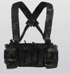 Camouflage nylon expandable chest harness with accessory storage pouch for shooting sports