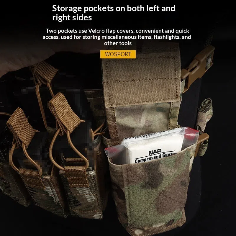 Camouflage nylon expandable chest harness with accessory storage pouch for shooting sports