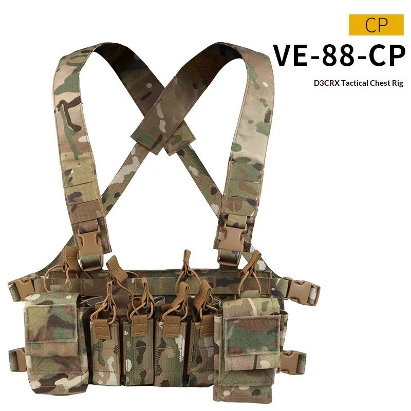 Camouflage nylon expandable chest harness with accessory storage pouch for shooting sports