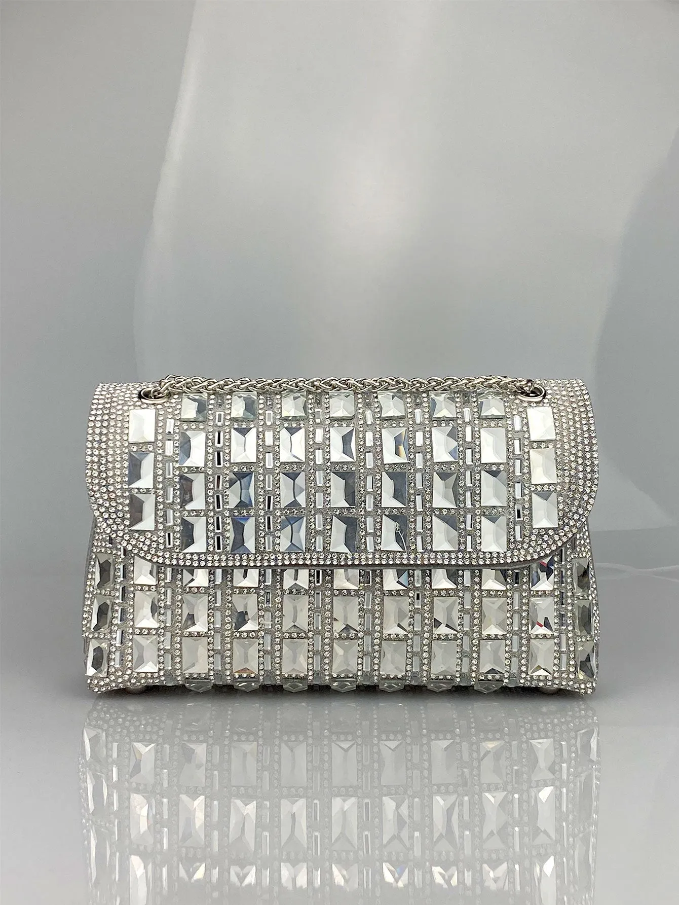Shiny glass rhinestone chain clutch bag with dedicated phone compartment in retro style